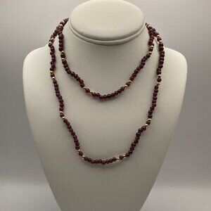 Round Amethyst and Gold Colored Beaded Necklace-35" Long Vintage Costume Jewelry